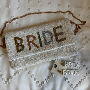Bride Love Ivory Beaded Clutch with Rose Gold Chain/ Earrings